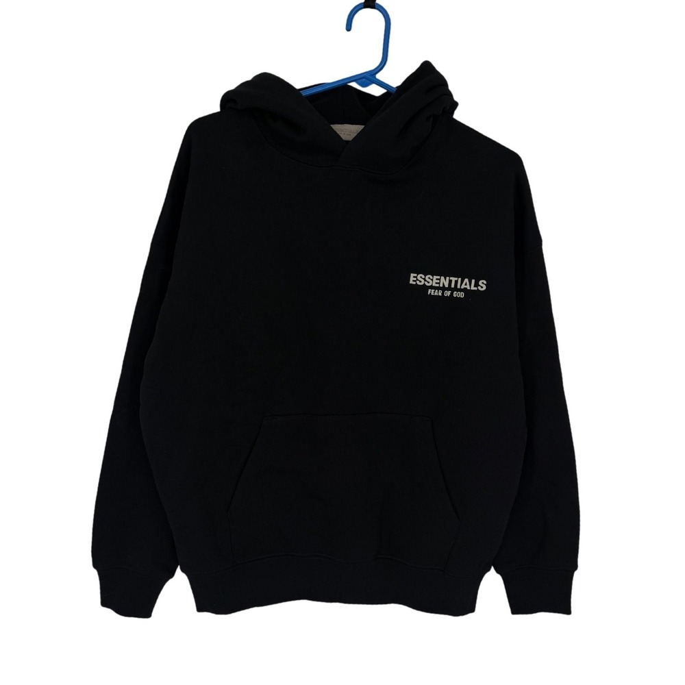NEW Essentials Fear of God Kids Pullover Fleece Hoodie Sweater Black Logo Sz 12